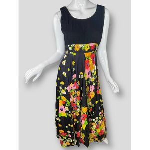 Vintage 1970's Carlette Maxi Dress Smocked Bust Full Sweep Skirt Floral